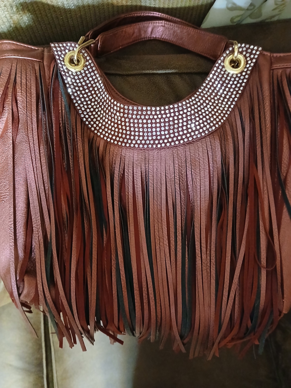 Fringed Rhinestone Accent Women’s Shoulder Bag - Rose Brown - Picture 2 of 7